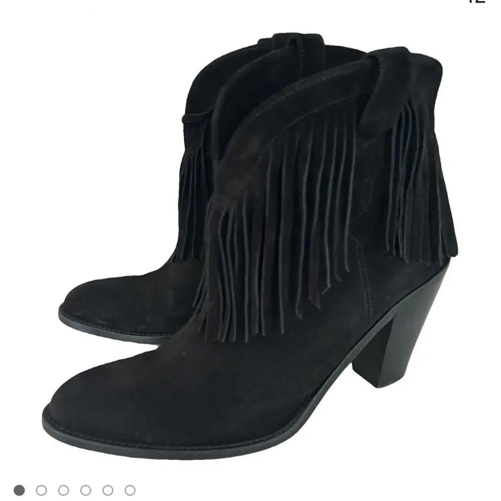 Saint Laurent black suede fringe western booties size 37 7